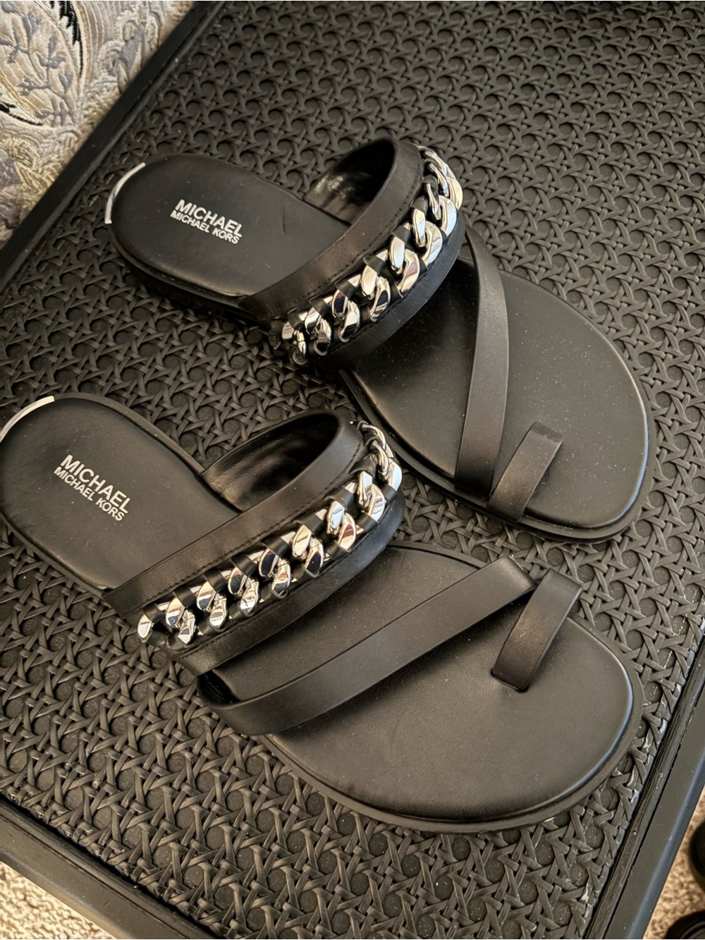 9 Michael Kors Bergen Black Slide Sandals with Silver Chain Accent